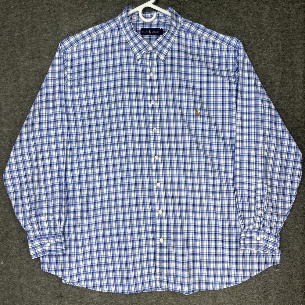 Polo Ralph Lauren Shirt Mens 3XB white blue plaid Oxford preppy long sleeve - Picture 1 of 11